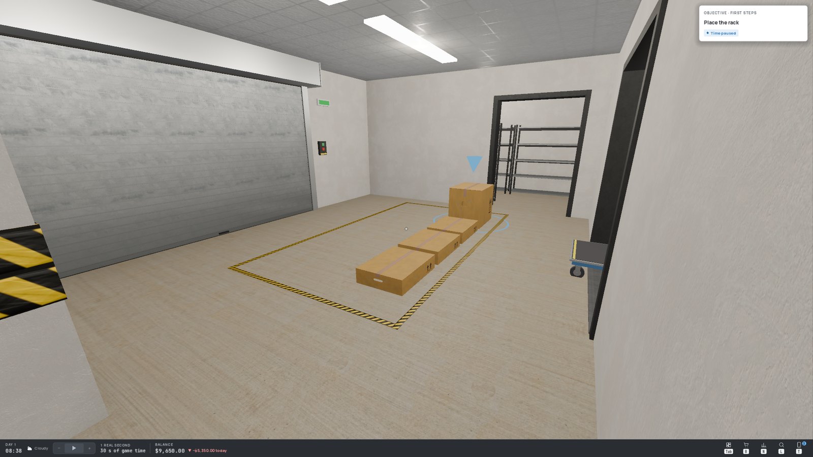The delivery zone with the starter kit boxes, the cart on the right and the storage room in the back
