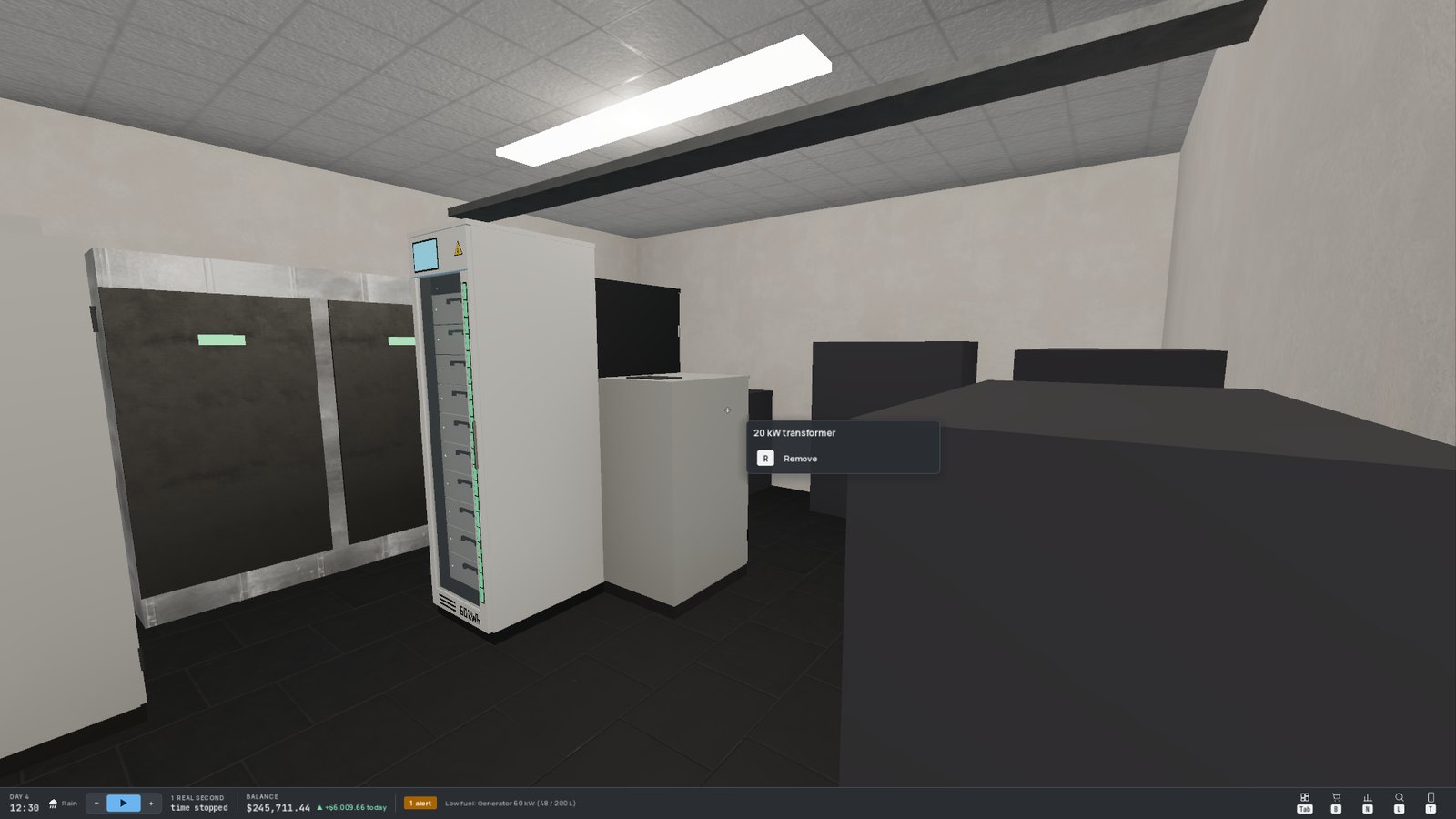 The electrical room: power feed, batteries and transformers