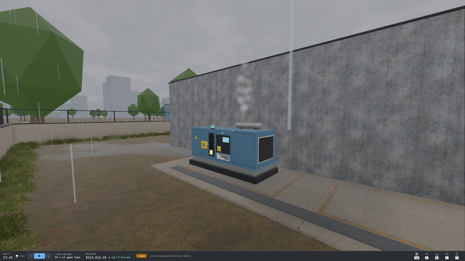 A generator running in the rain during an outage