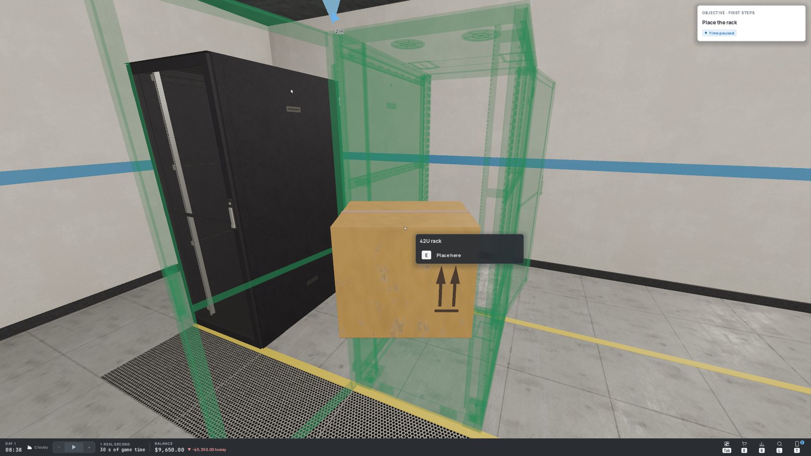 Placing the first rack: the green ghost shows the spot, the action card says "Place here"
