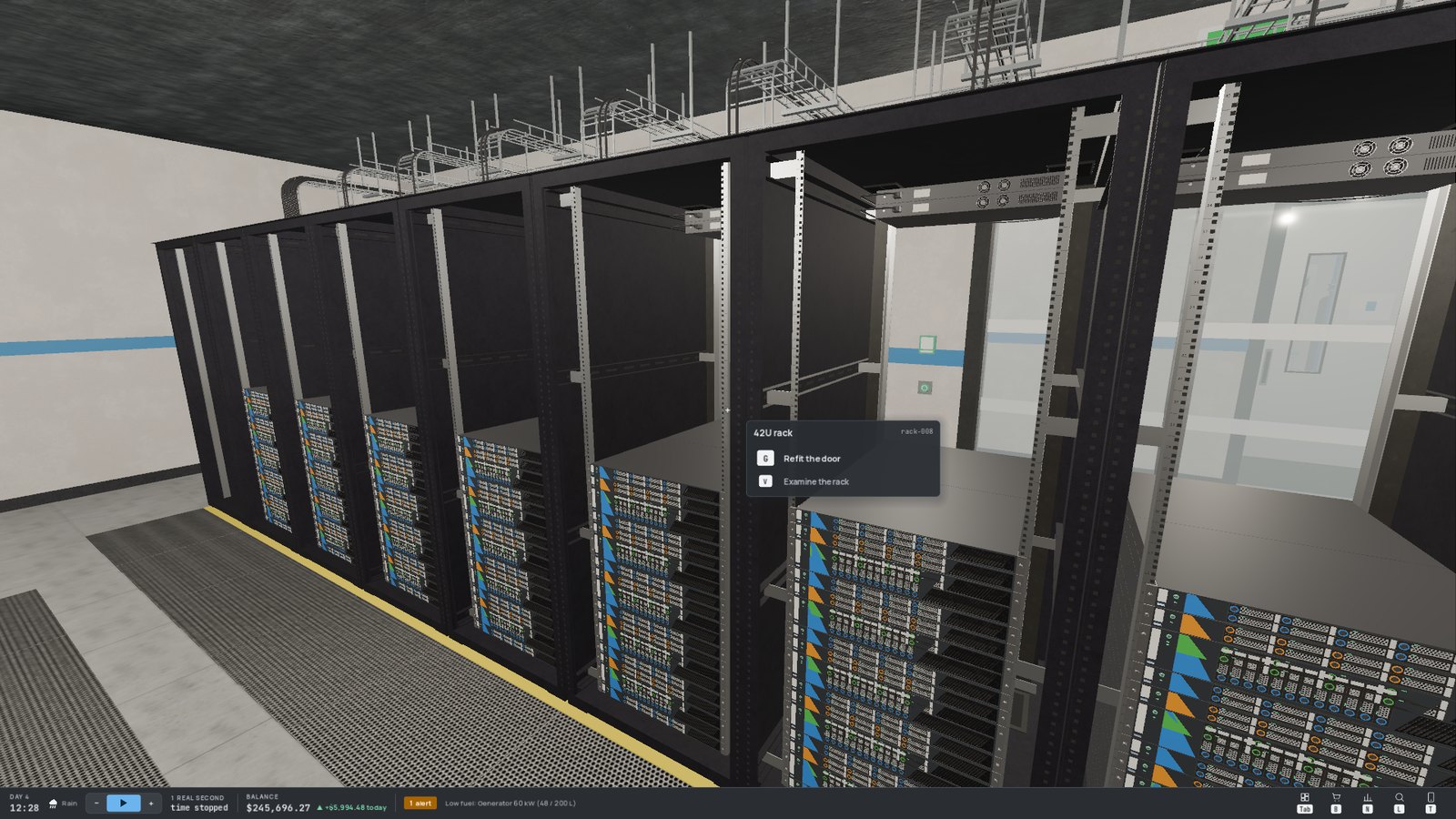 Racks with their front doors removed: compute, GPU and storage servers