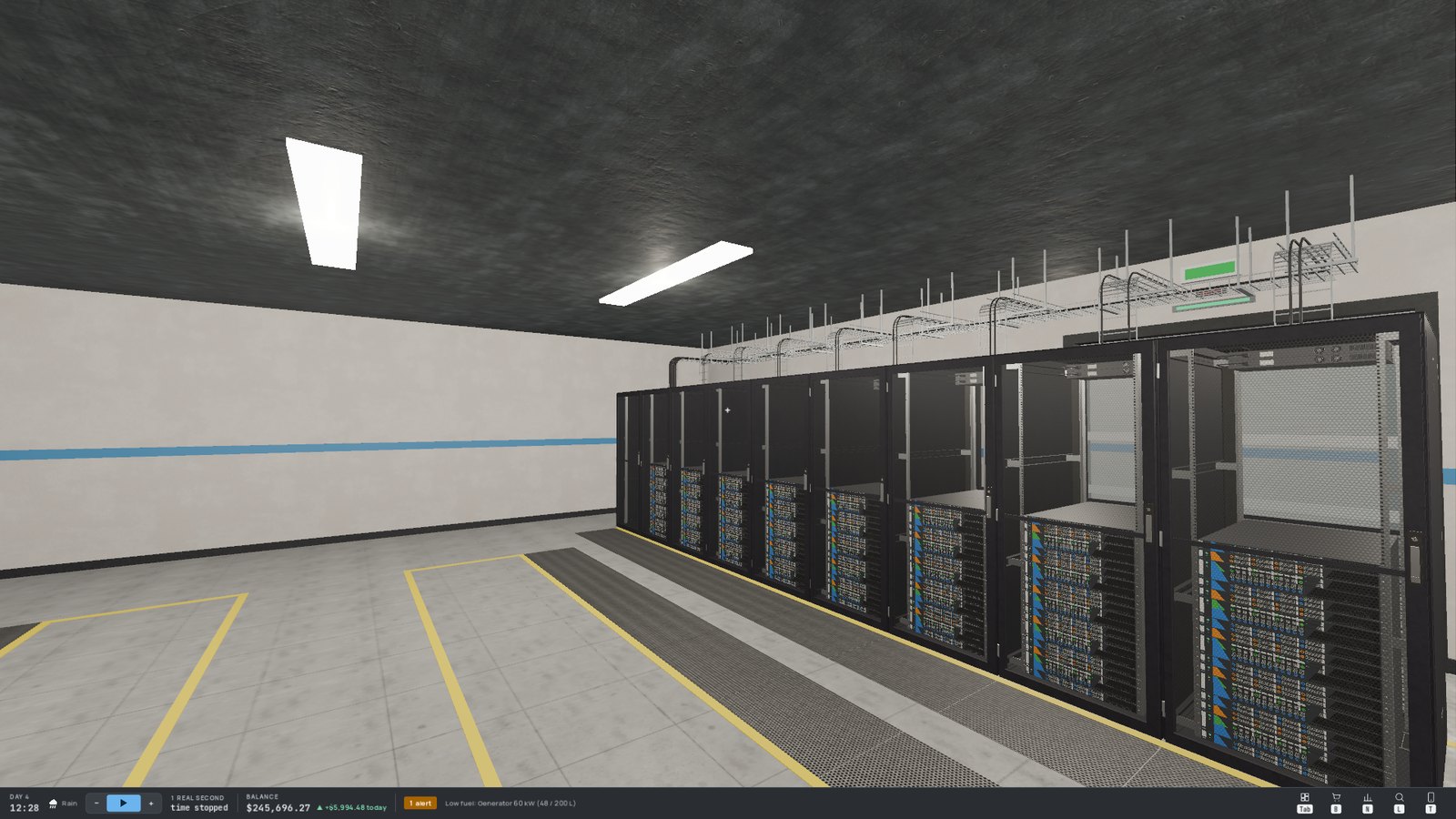 A row of racks with their doors closed, cable trays above