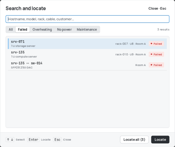 The search window filtered on failed items