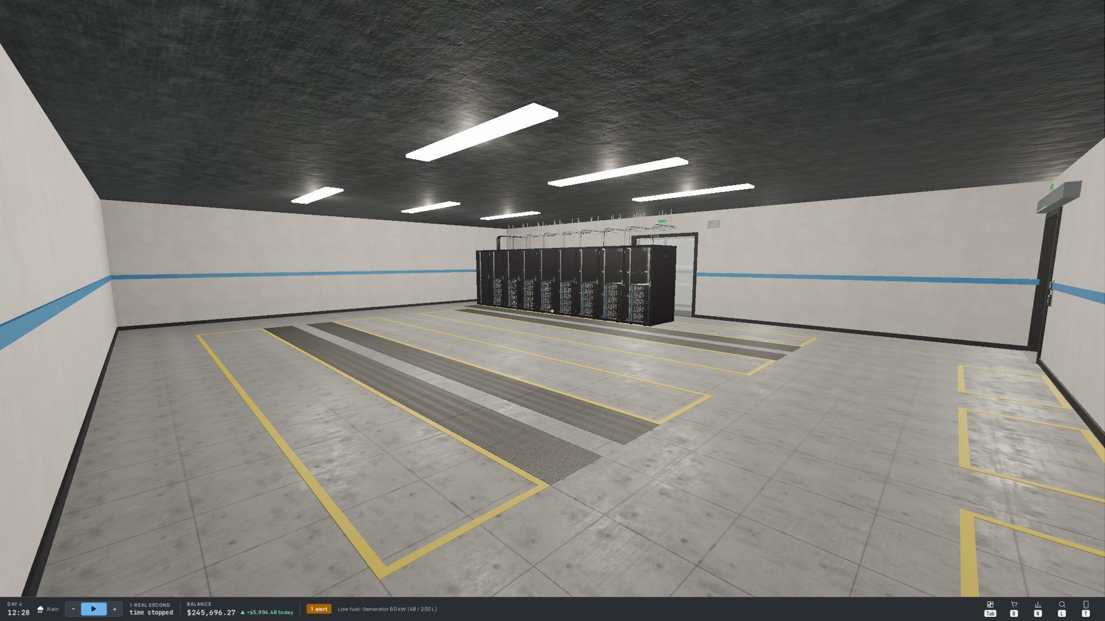 Server room A, with its yellow rack slots and a first row of racks